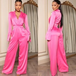 NWT fashion nova women’s wonderlust satin jumpsuit hot pink size M medium barbie